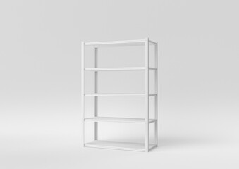 White metal rack storage. Retail shelf rack on white background. minimal concept idea. monochrome. 3d render.