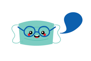 Cute cartoon style medical mask character with speech bubble, talking, giving advice or information.
