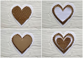 Collage, step by step, how to make a heart out of cardboard recycling, children's DIY, valentine.