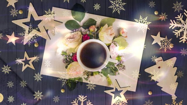 coffee cup, holiday accessories an wooden tablea stream of luminous particles, a cycle of a stream of luminous particles. light effects moving and flexible lines in abstract style