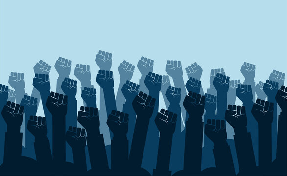 Group of fists raised in air. Group of protestors fists raised up in the air vector illustration 