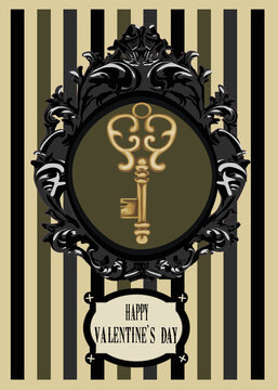 Vintage valentine's day card with golden key - vector card