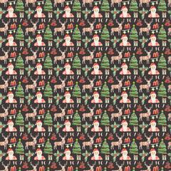 Fototapeta premium Watercolor christmas seamless pattern with christmas tree, Santa Claus, deer and jingle bells. Christmas background. Printable wrapping paper, wallpaper, scrapbooking, textile and fabric design. 
