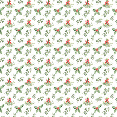 Watercolor christmas seamless pattern green christmas plants. Mistletoe and holly plants. Christmas background. Printable wrapping paper, wallpaper, scrapbooking, textile and fabric design. 