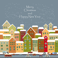 Vector flat illustration with winter city, falling snowflakes