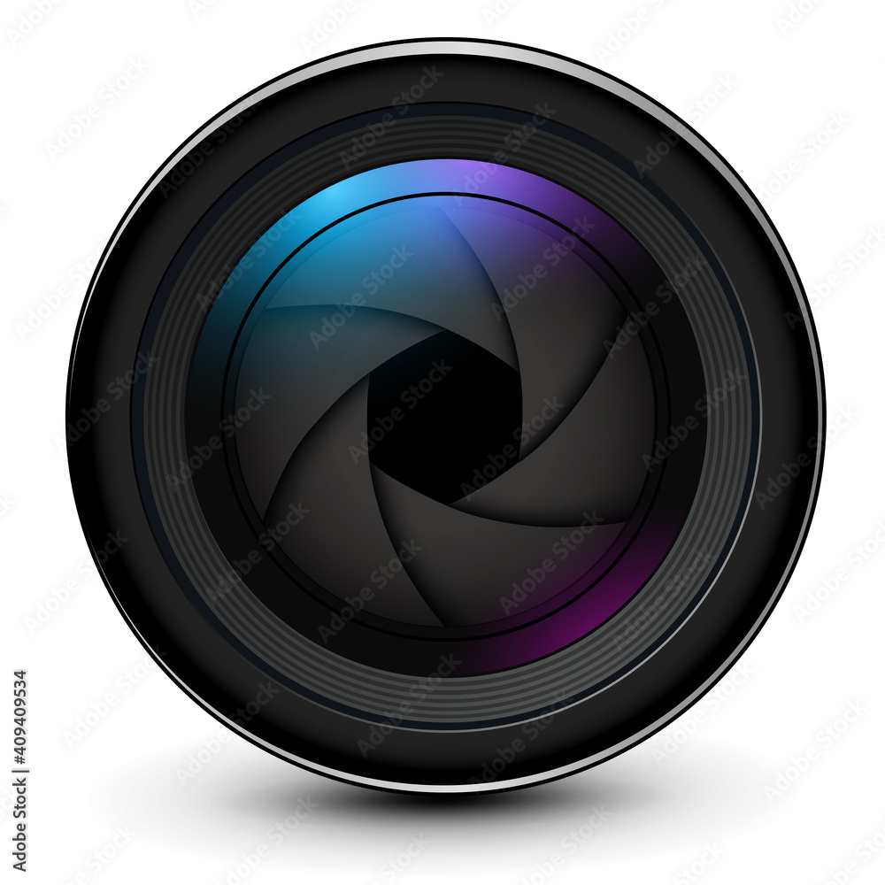 Poster camera photo lens 3d with shutter inside realistic icon, vector illustration.