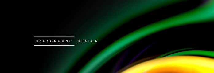 Dynamic motion abstract background. Color blurred stripes on black. Wave liquid lines poster. Vector illustration