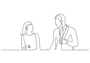 Woman and Man Talking Trendy Line Art Drawing. Couple Talking Minimalistic Black Lines Drawing on White Background. Continuous One Line Abstract Drawing. Peoples Modern Design. Vector EPS 10