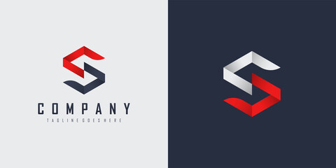 Initial Letter S Logo. Blue and Red Geometric Hexagonal Line Origami Style isolated on Double Background. Usable for Business, Building and Branding Logos. Flat Vector Logo Design Template Element.