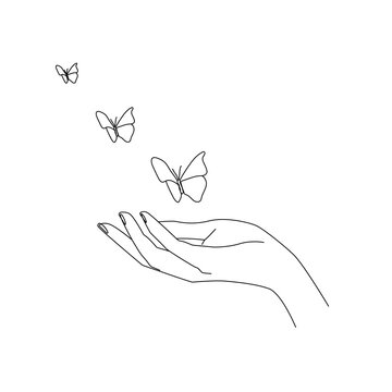 Hand and Butterflies Line Art Drawing. Boho Symbol Line Art Illustration. Minimalist Trendy Contemporary Design Perfect for Wall Art, Prints, Social Media, Posters, Invitations, Branding Design.
