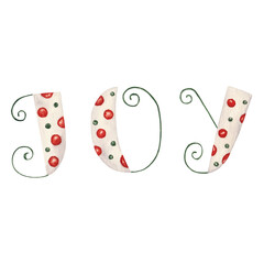 Joy watercolor letters Hand painted illustration in green, red and white colors. Vintage Christmas party invitation, greeting or postcard.