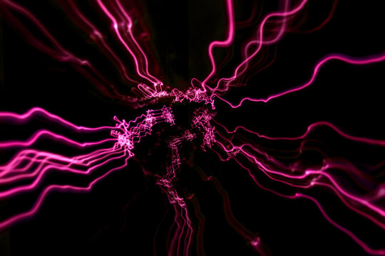 Light Wave Trail Path, Vibrant Neon Pink Color In Abstract Swirls On A Black Background