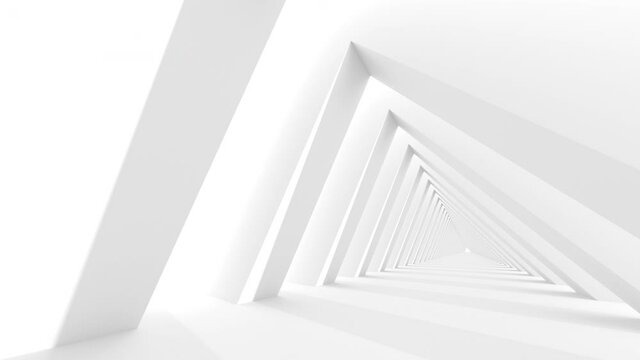 Futuristic empty white corridor with rectangular walls and bright light. Seamless looping animation.