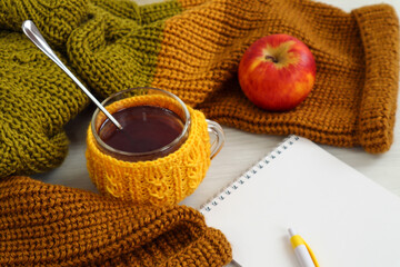 Photographer.A mug with tea , an apple and a notebook on the background of a knitted jacket, side view-the concept of a pleasant creative weekend