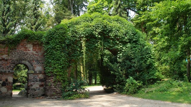 historic stone arch in the Arkadia romantic park near Niebor&oacute;w in Poland