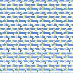 Seamless watercolor patterns with citrus fruits and blue horizontal watercolor lines High quality digital papers Hand drawn lemons, oranges and mandarines. Scrapbook, textile and paper design 300dpi