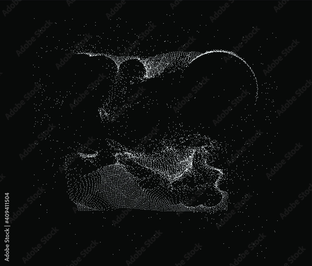 Poster Ordered array of particles, surface made of dots. Conceptual illustration of fluid matter with oscillation and fluctuation. Generative computer art.