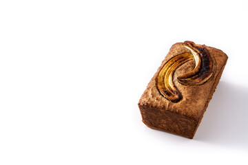 Homemade banana bread isolated on white background. Copy space