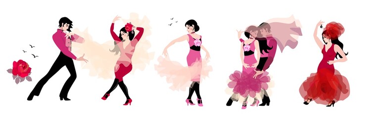 Young Caucasian men and women dancing flamenco and tango isolated on white background. Great collection.