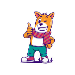 cute cartoon dog wearing a scarf smiling and also winking and giving a thumbs up against a white background