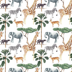 Animal safari watercolor pattern. Seamless pattern, Jungle animals.High resolution. Hand drawn hand painted illustrations animal digital paper. Scrapbook, kids textile design, children fabric design. 