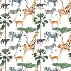 Foto op Plexiglas Tropische print Dierlijke safari aquarel patroon. Naadloze patroon, Jungle dieren. Hoge resolutie. Hand getekende handgeschilderde illustraties dier digitaal papier. Plakboek, kindertextielontwerp, kinderstofontwerp.