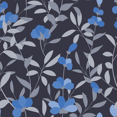 Seamless pattern with blue flowers leaves. Texture in flat style for decorating paper, books, covers, invitations, fabric, wallpaper, etc.