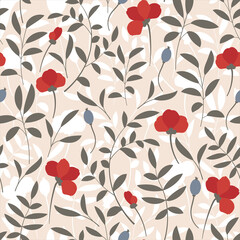 Seamless pattern with leaves and red flowers in a modern flat style on a beige background. The seamless pattern is suitable for fabrics, covers, wallpapers, books, decor, etc.