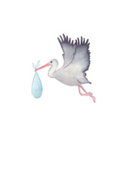 Watercolor stork bird drawing isolated on white background Watercolor clip art Cute realistic exotic bird. Great for baby shower decor, party invitations, scrapbooking, pattern elements. 