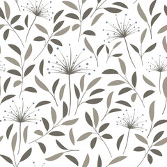 Seamless pattern with leaves and flowers in a modern flat style on a white background. The seamless pattern is suitable for fabrics, covers, wallpapers, books, decor, etc.