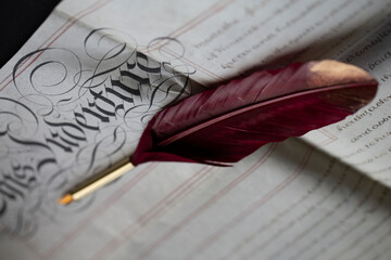 Quill pen resting on a calligraphy worded document