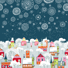 Christmas winter cartoon style vector background with houses