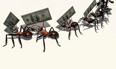 Build ants dragging American dollars. 3d rendering, illustration.