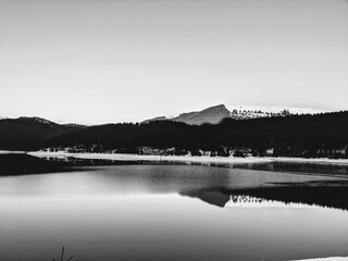 Sunset over the lake black and white