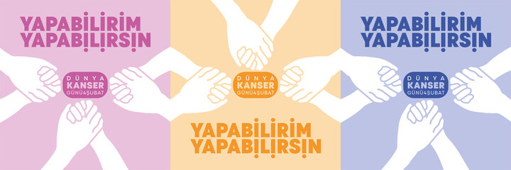 World cancer day, February 4th. People hold hands and support the cancer patient. With different ground covers. Round shaped hands. Translation: I can, you can. World cancer day, February 4th.