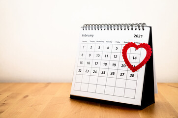 February 2021 calendar month page with St. Valentine's day (14th) checked by red heart