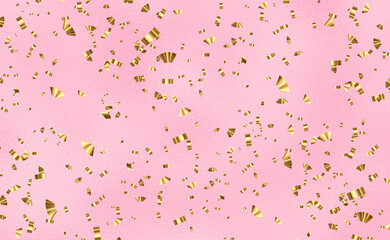 Festive falling Gold confetti isolated on pink background, golden glitter holiday backdrop. Golden sparkles on pink pastel trendy background. Festive backdrop for your projects.