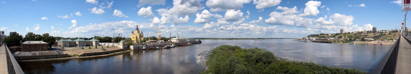 Panoramic view of Nizhny Novgorod. View of the Nizhnevolzhskaya Embankment and the Nizhny Novgorod Kremlin, a city on the Volga River Russia