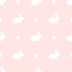 Seamless abstract pattern with Easter rabbits and eggs of different pastel colors.