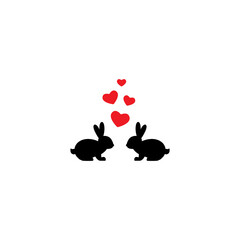 two black cute bunnies with hearts. Love, romantic, amour icon. rabbits couple.