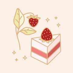 Hand drawn cake, pastry, and bakery logo elements in linear style and isolated background with strawberry and floral elements