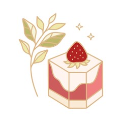 Hand drawn cake, pastry, and bakery logo elements in linear style and isolated white background with strawberry and floral elements