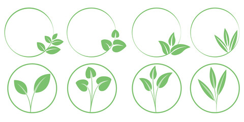 Ecology concept. Green leaves icon illustrations. Set of Green icons. Green logos, web icons, ecology illustration. Vector illustration. エココンセプト、リーフアイコン、グリーンリーフイラスト、ロゴ、ウェブデザイン素材