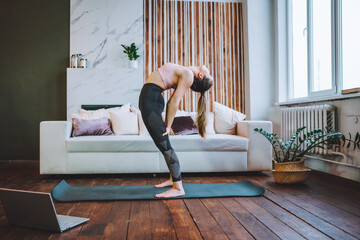 Young fit woman wearing sportsweartop do stretching exercises and watch online tutorial on laptop...