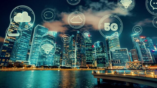 Smart digital city with globalization abstract graphic showing connection network . Concept of future 5G smart wireless digital city and social media networking systems .