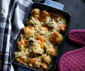 Cauliflower and brocolli bake with white sauce and cheese 