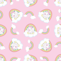 Hand drawn vector seamless pattern with unicorn , clouds and rainbow - color, line art style drawing.