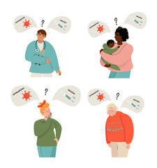 People chooses between the coronavirus vaccine and the refusal of the vaccine concept flat vector illustration in cartoon style. A metaphor for thinking about a new coronavirus vaccine. Covid-19