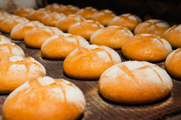 The oven in the bakery. Hot fresh bread leaves the industrial oven in a bakery. Automatic bread production line