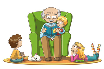 A grandfather reads fairy tales to children. Hand drawn vector illustration with separate layers.